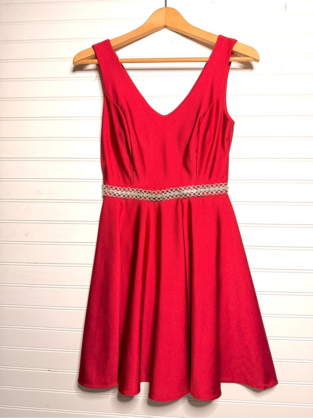 LaScala Red Fit & Flare Cocktail Dress Rhinestone Waist Size Small